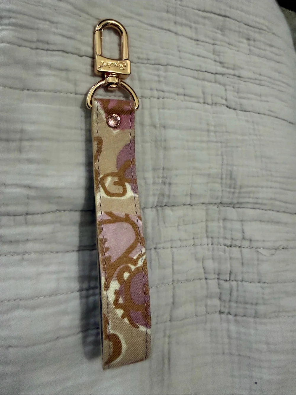 Upcycled Beige Floral Wristlet Key & Card Holder with rose gold Hardware.